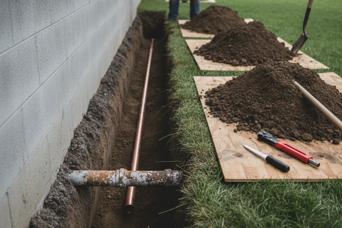 Excavated water line trench during Sewer Line Repair in Stonyford